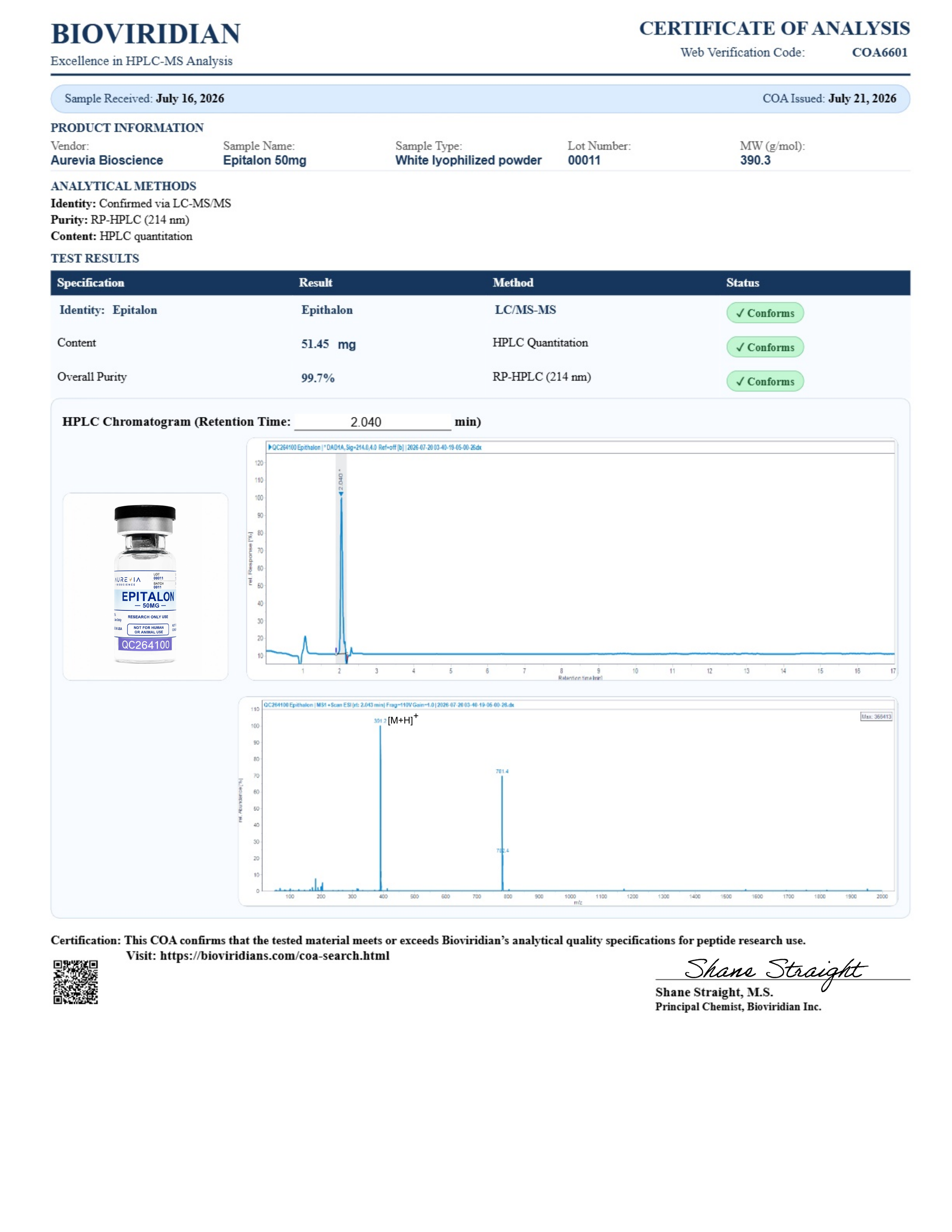 Certificate of Analysis for Epitalon lot 00011