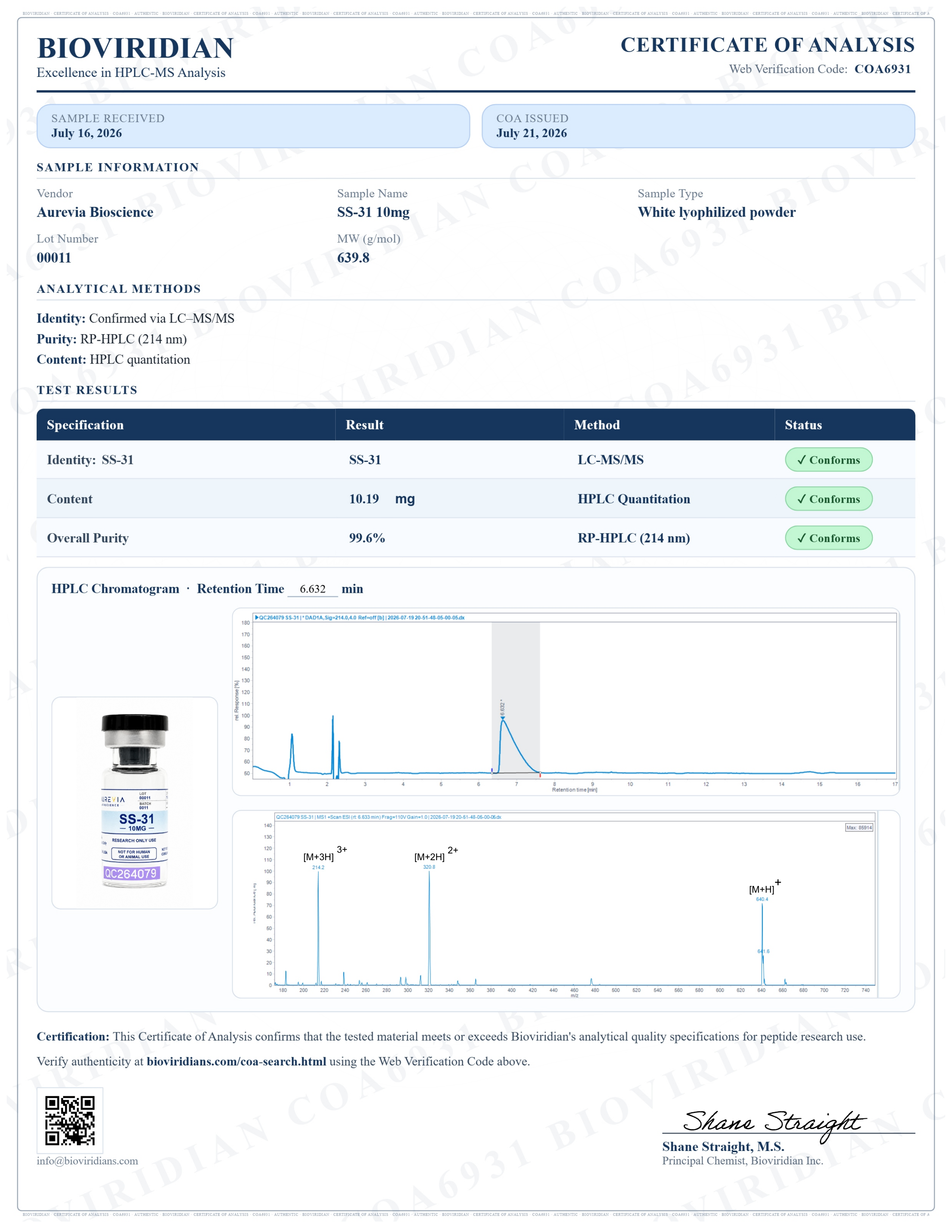 Certificate of Analysis for SS-31 lot 00011