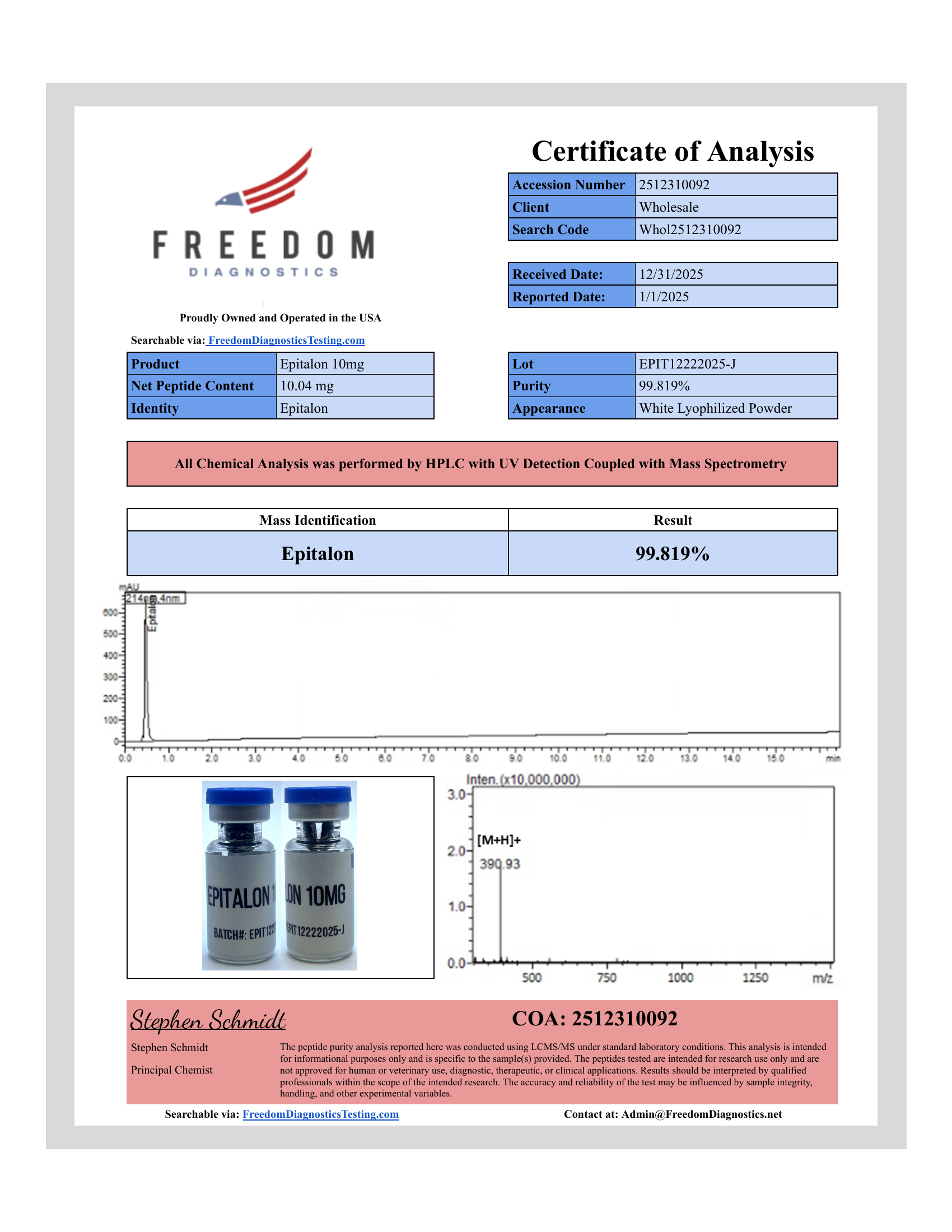 Certificate of Analysis for Epitalon lot EPIT12222025-J
