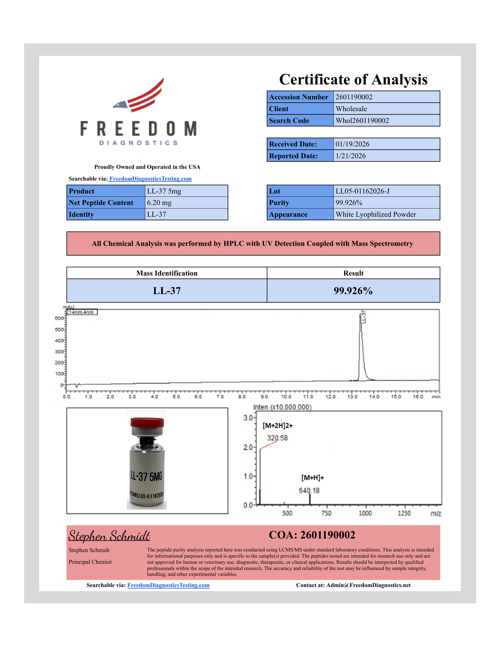 Certificate of Analysis for LL-37 lot LL05-01162026-J