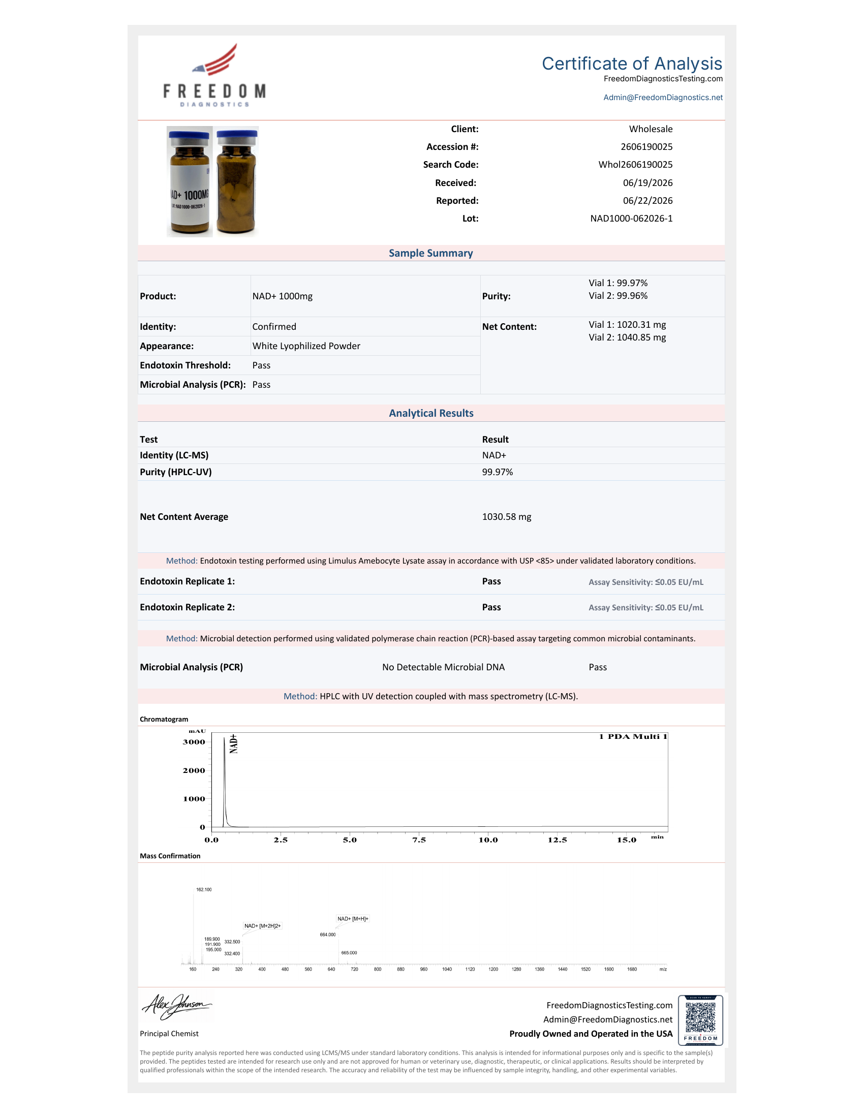 Certificate of Analysis for NAD+ lot NAD1000-062026-1