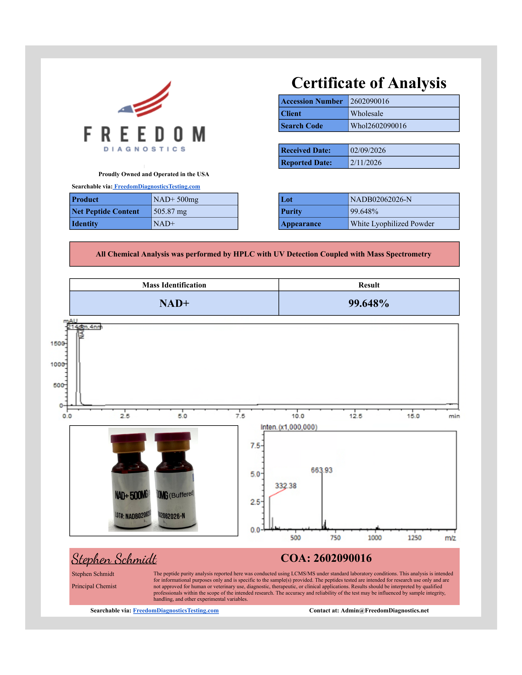 Certificate of Analysis for NAD+ lot NADB02062026-N