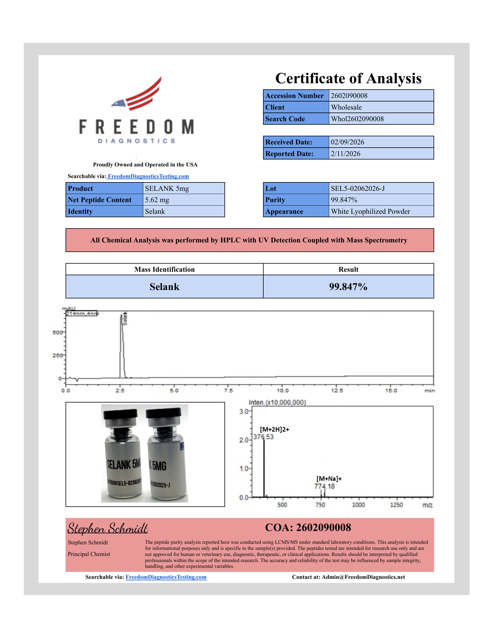 Certificate of Analysis for Selank lot SEL5-02062026-J