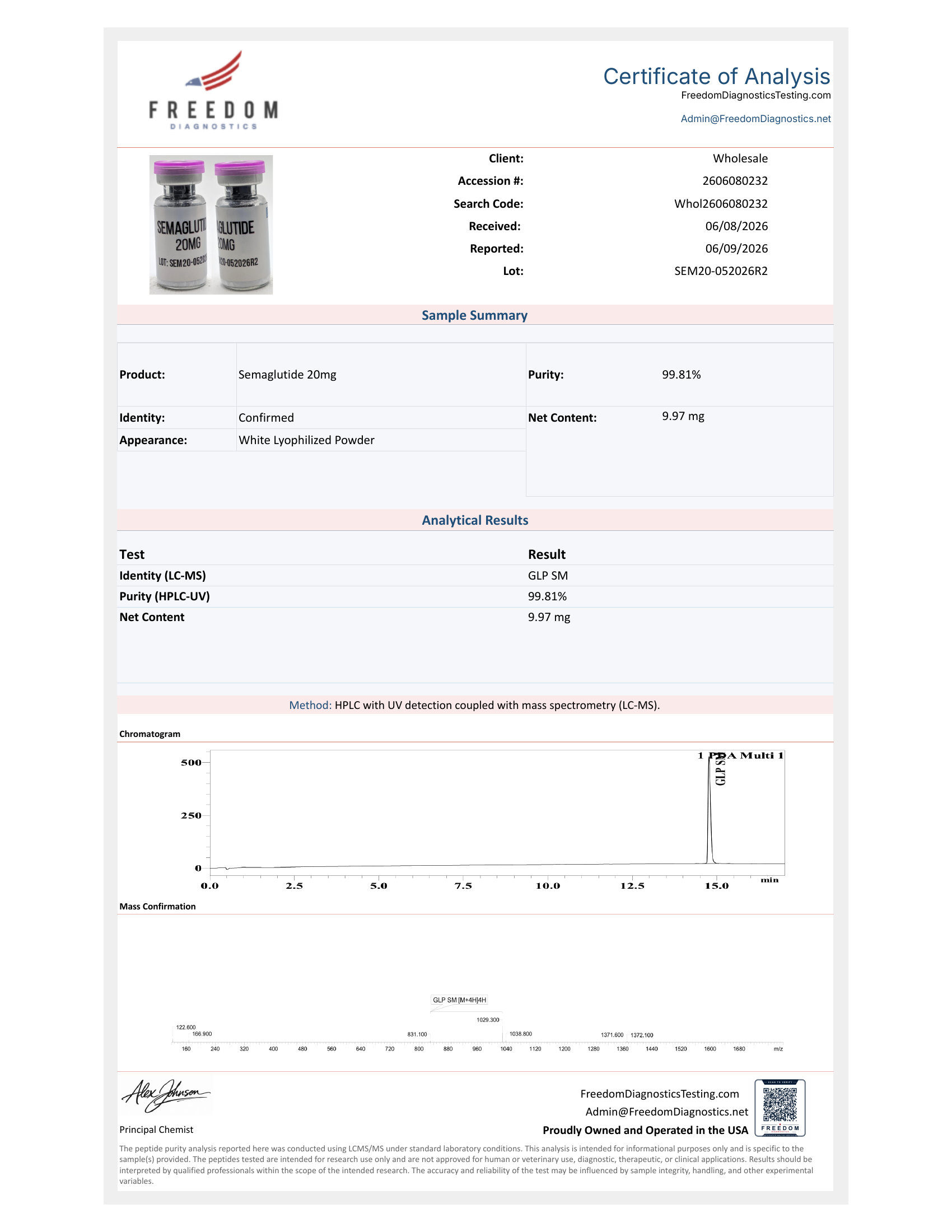 Certificate of Analysis for GLP-1 S lot SEM20-052026R2