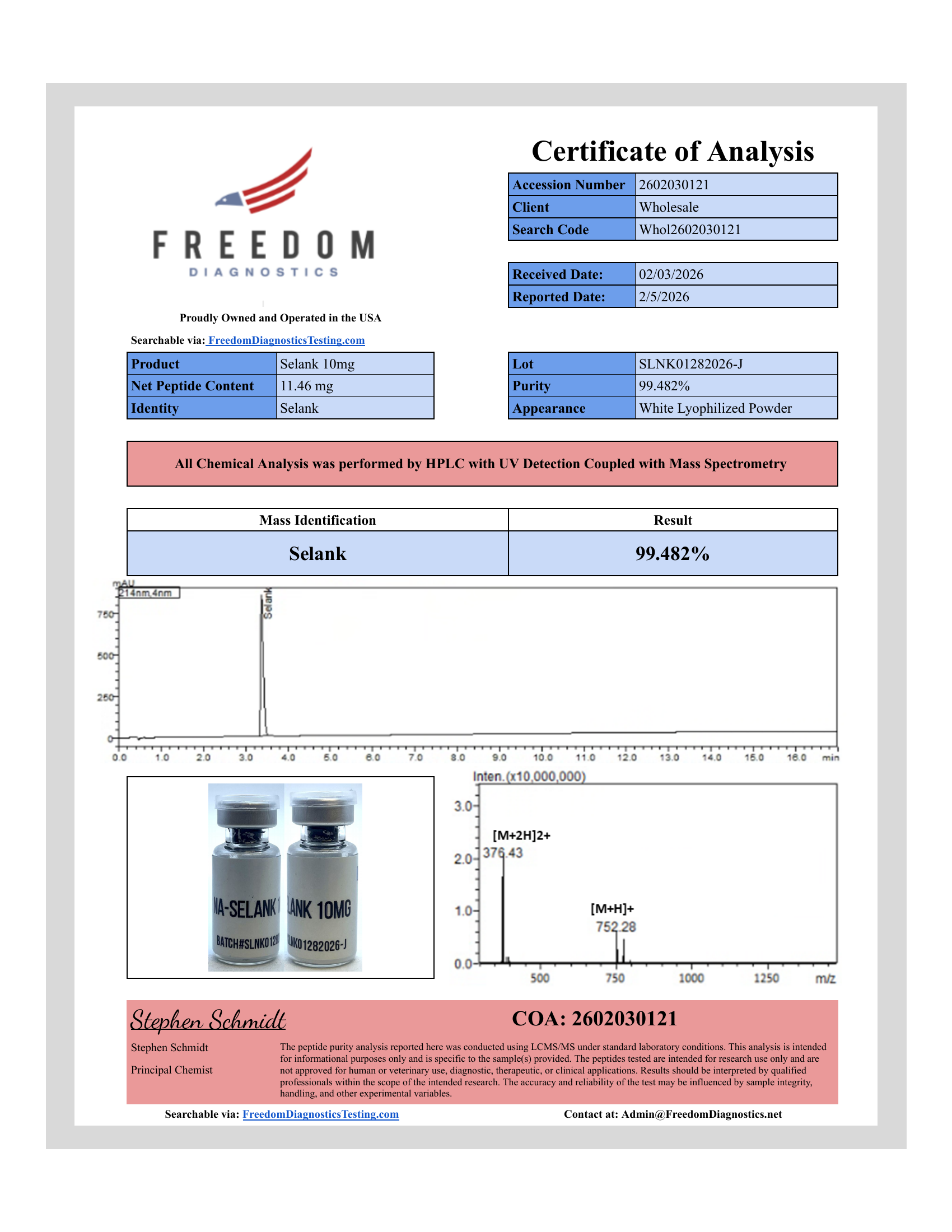 Certificate of Analysis for Selank lot SLNK01282026-J
