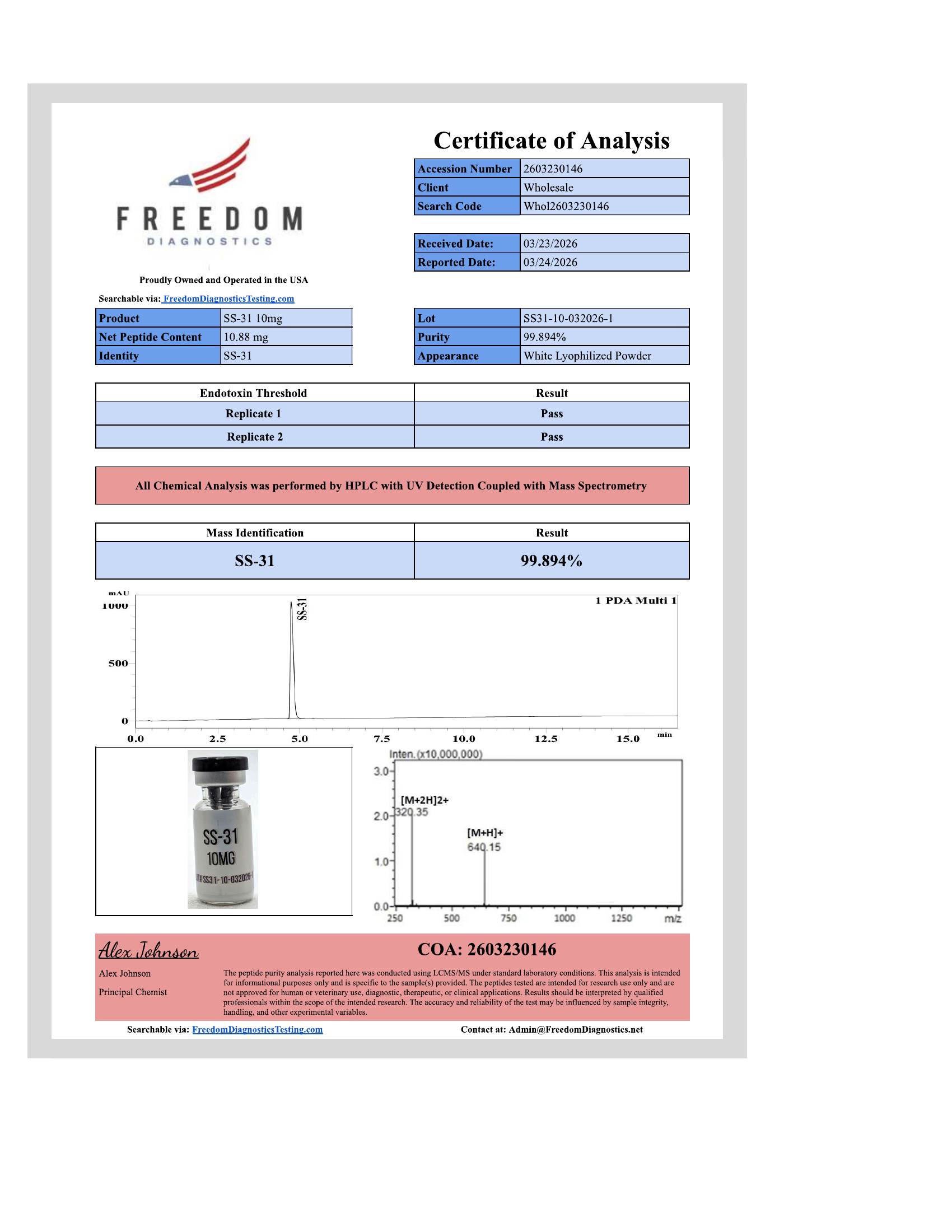 Certificate of Analysis for SS-31 lot SS31-10-032026-1