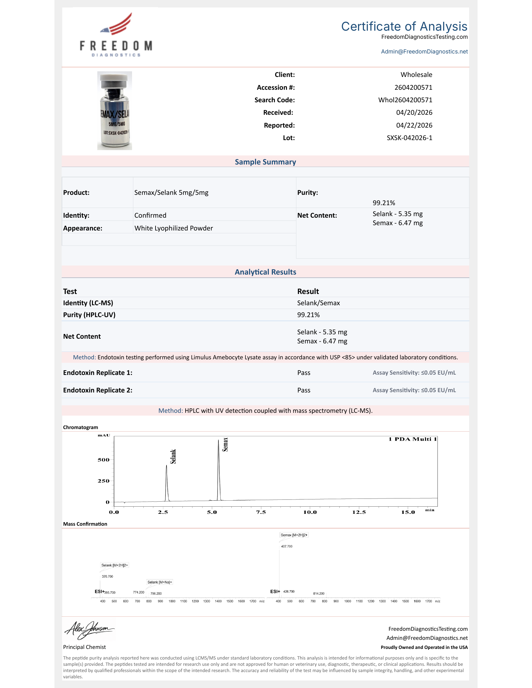 Certificate of Analysis for Selank + Semax 5/5mg lot SXSK-042026-1