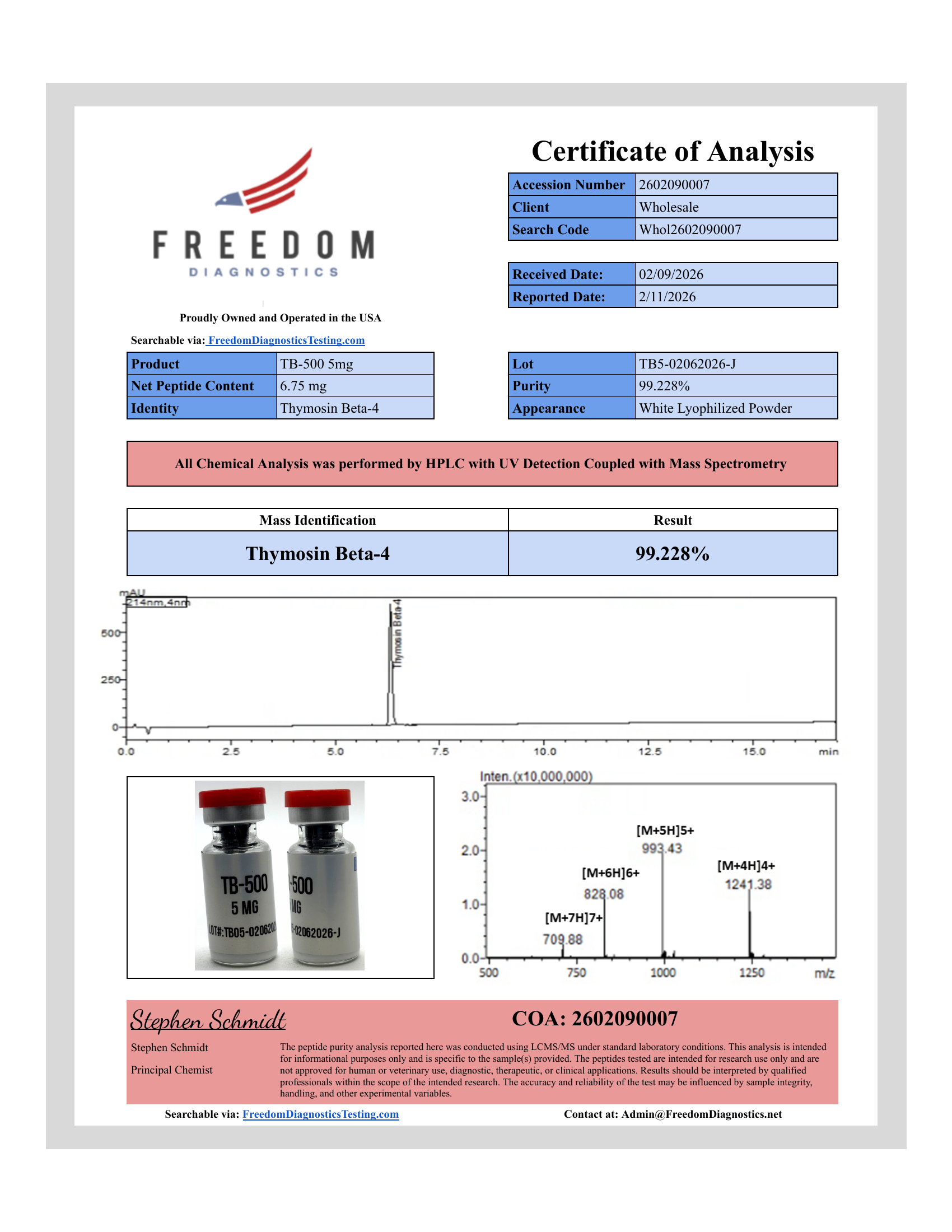 Certificate of Analysis for TB-500 (Long Chain) lot TB5-02062026-J
