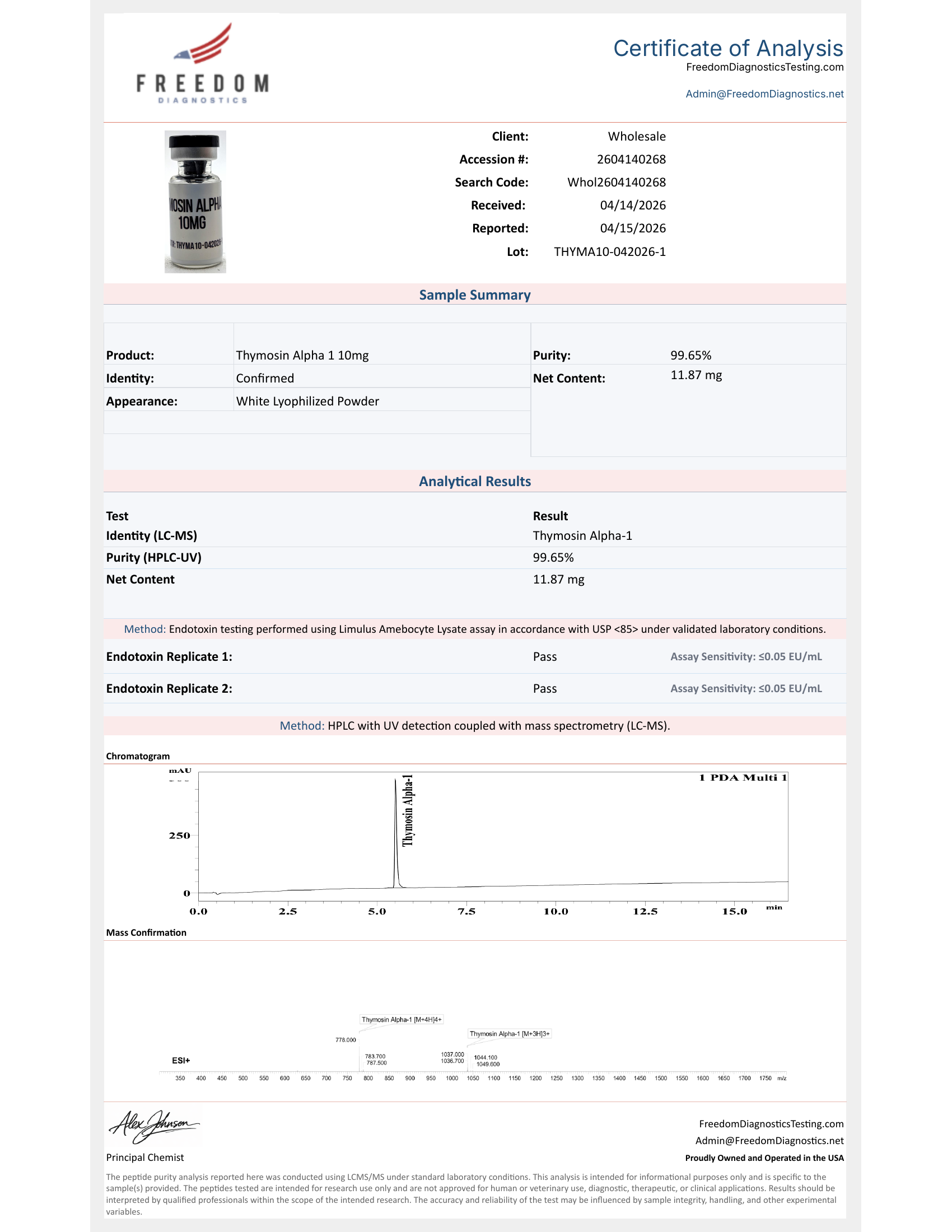 Certificate of Analysis for Thymosin Alpha-1 5mg lot THYMA10-042026-1
